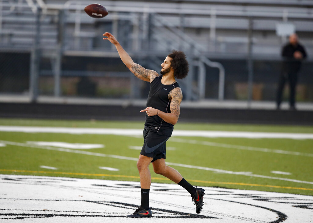 Free agent quarterback Colin Kaepernick participates in a workout for NFL f...