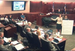In this image made from Colorado Judicial Department video, defense attorney Tamara Brady, right, gestures while making her closing argument to the jury in the sentencing phase of the trial of James Holmes, top left in white shirt, in Centennial, Colo., on Thursday, July 30, 2015. Following closing arguments, jurors in the Colorado movie theater trial will deliberate to decide if there are any reasons to override a potential death penalty and sentence James Holmes to life without parole for 12 murders and 70 attempted murders. (Colorado Judicial Department via AP, Pool)