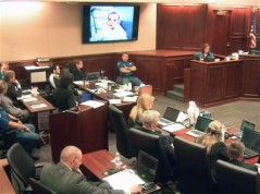 In this image made from Colorado Judicial Department video, Arlene Holmes, top right, the mother of James Holmes, fourth from left, in white shirt, gives testimony during the sentencing phase of the Colorado theater shooting trial in Centennial, Colo., on Wednesday, July 29, 2015. On the screen above is projected one of several family photos shown during her testimony, this one showing James Holmes when he was a toddler. (Colorado Judicial Department via AP, Pool)